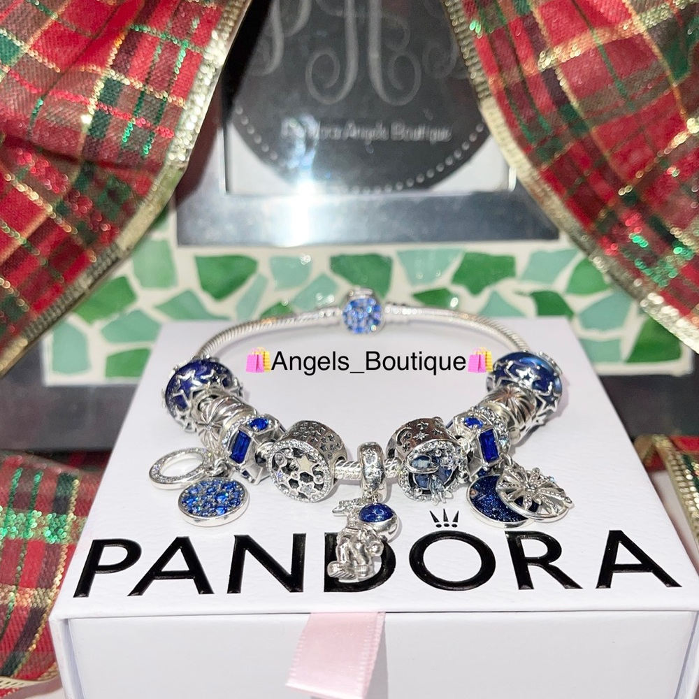 New Pandora Galaxy Theme Blue Bracelet 7.5” Gift Box Included 9 Charms 2 Clips